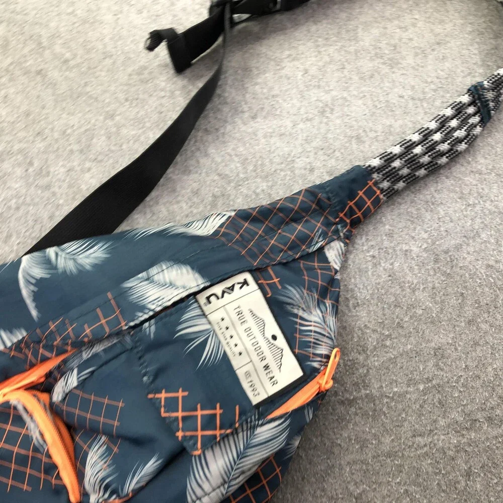 KAVU Blue Palm Leaf Print Sling Backpack Crossbody Bag 19in Adjustable Strap